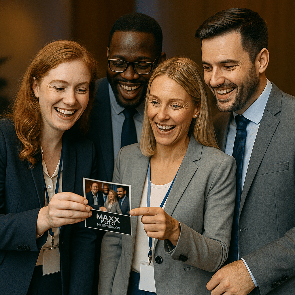 Grupo de profissionais sorrindo enquanto observam uma foto impressa da Maxx Foto Lembrança durante um evento corporativo em Curitiba, Estado do Paraná, destacando a experiência de foto lembrança personalizada.